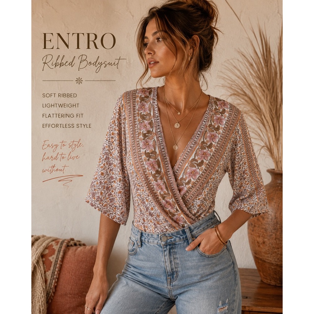 Entro Boho Floral Bodysuit M Kimono Sleeve Wrap Top Romantic Festival
